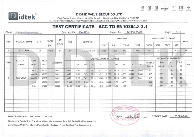 Kugelventil -Testzertifikat ACC auf EN10204.3 3