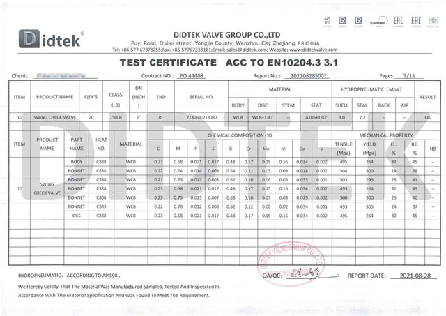 Überprüfen Sie das Ventil -Testzertifikat ACC auf EN10204.3 3
