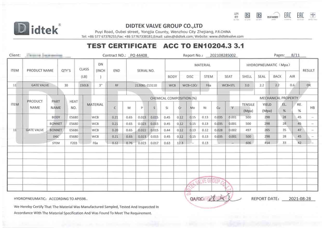 Ventil -Testzertifikat ACC bis EN10204.3 3